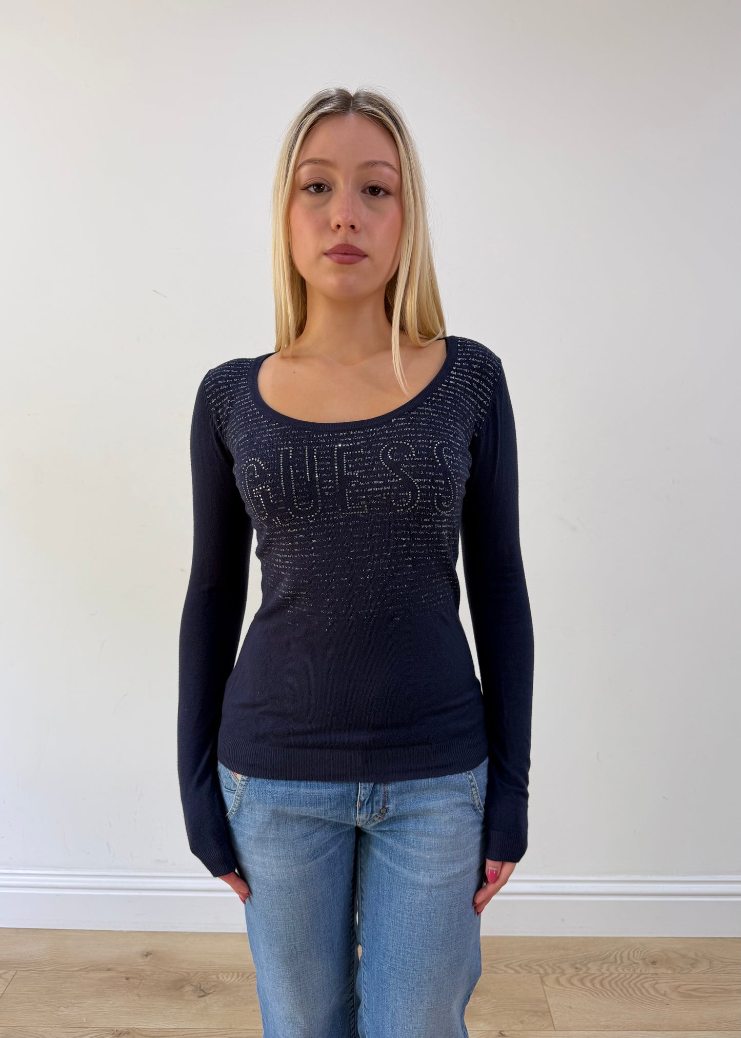 extra small blue guess long sleeve top zoomed front