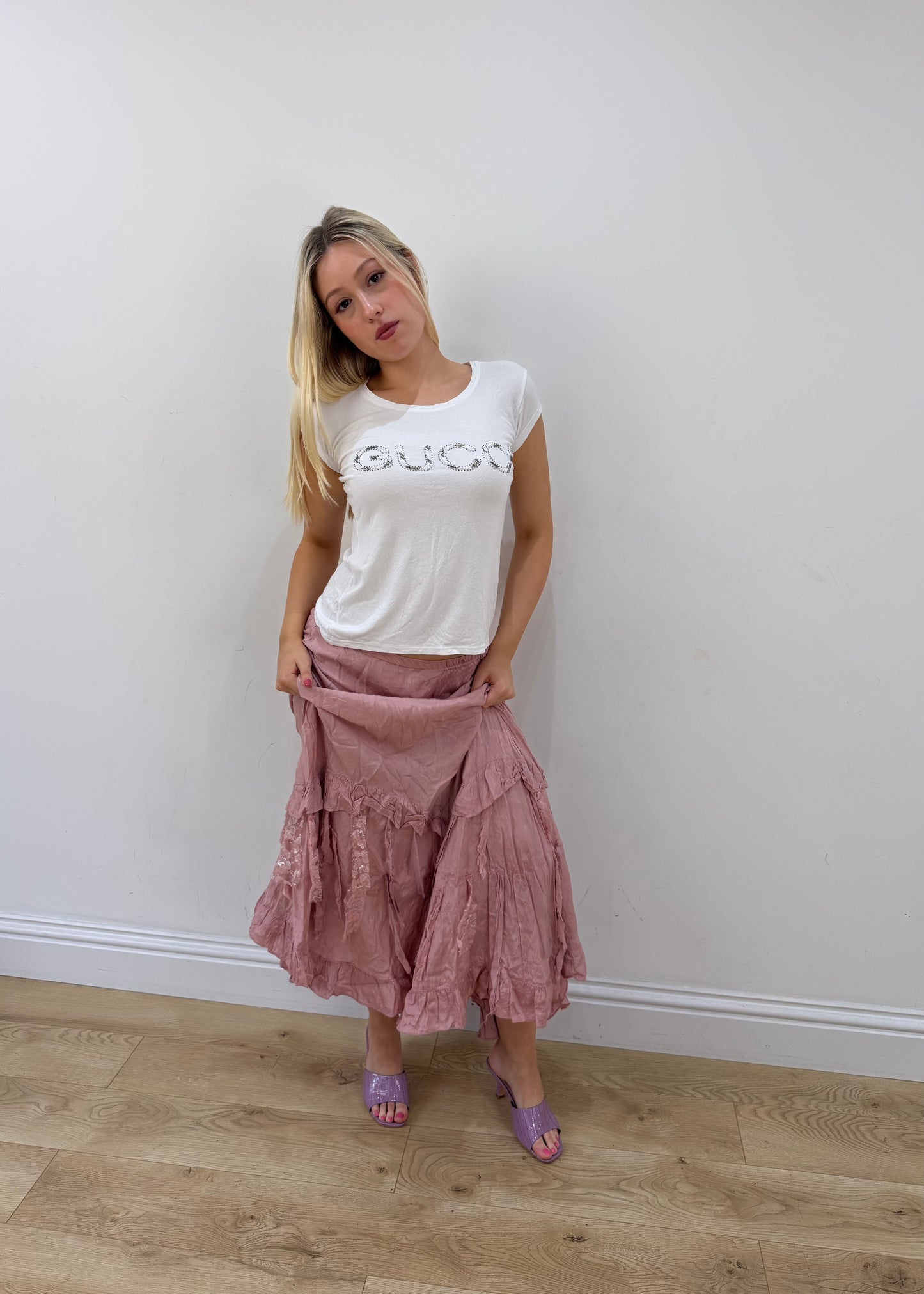 extra small pink asymmetric maxi skirt posed