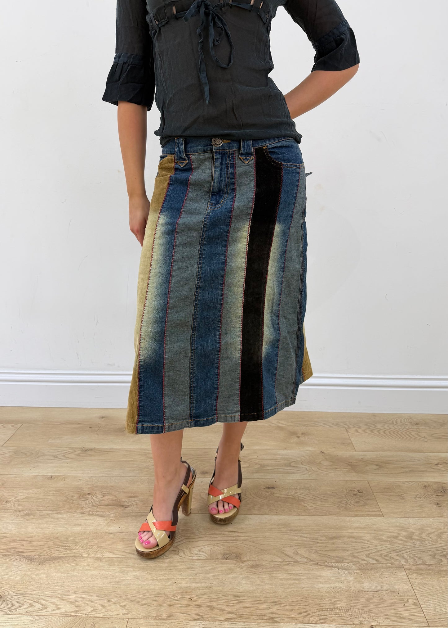 medium blue denim striped midi skirt aesthetic headless