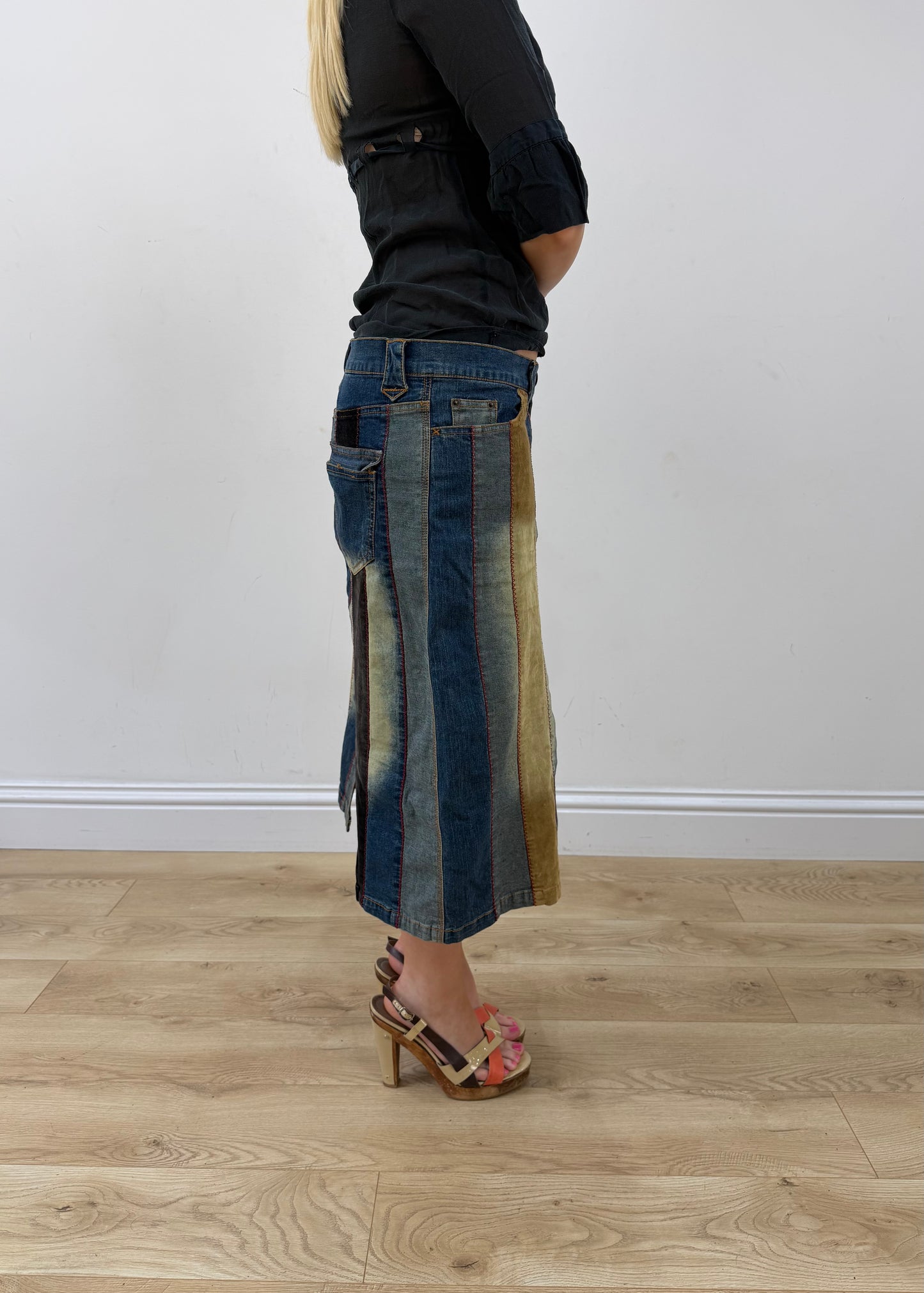 medium blue denim striped midi skirt other side