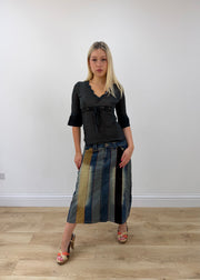medium blue denim striped midi skirt posed