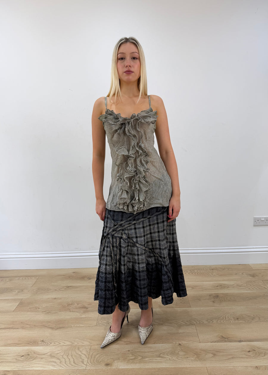 medium grey plaid midi skirt full body front