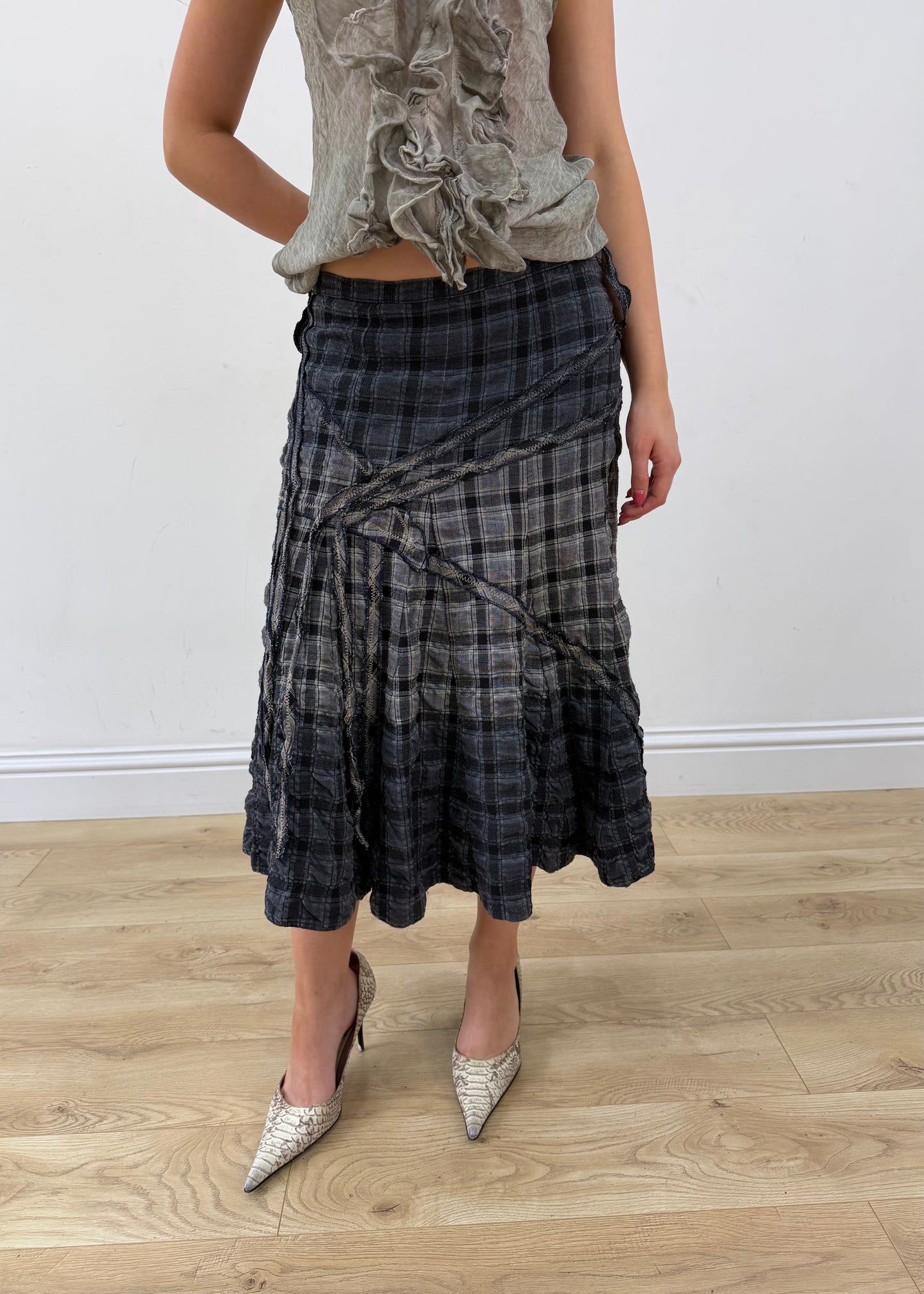 medium grey plaid midi skirt aesthetic headless