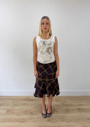 small purple plaid fluted midi skirt full body front