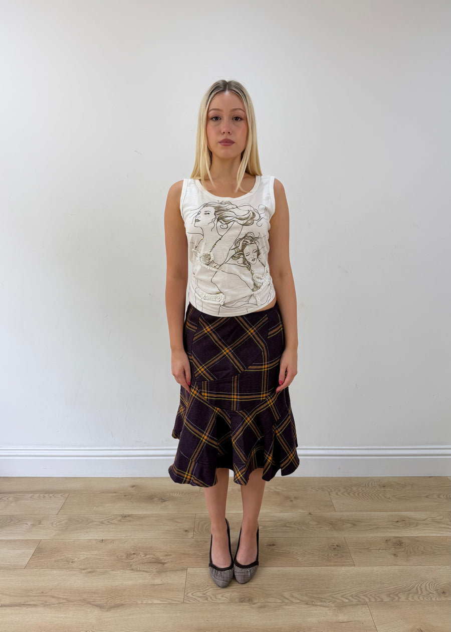 small purple plaid fluted midi skirt full body front