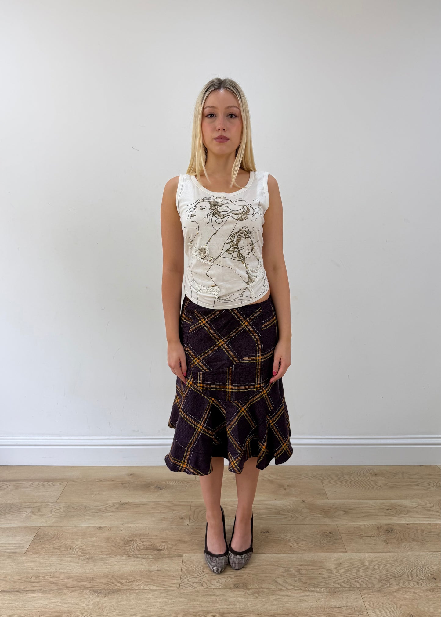 small purple plaid fluted midi skirt full body front