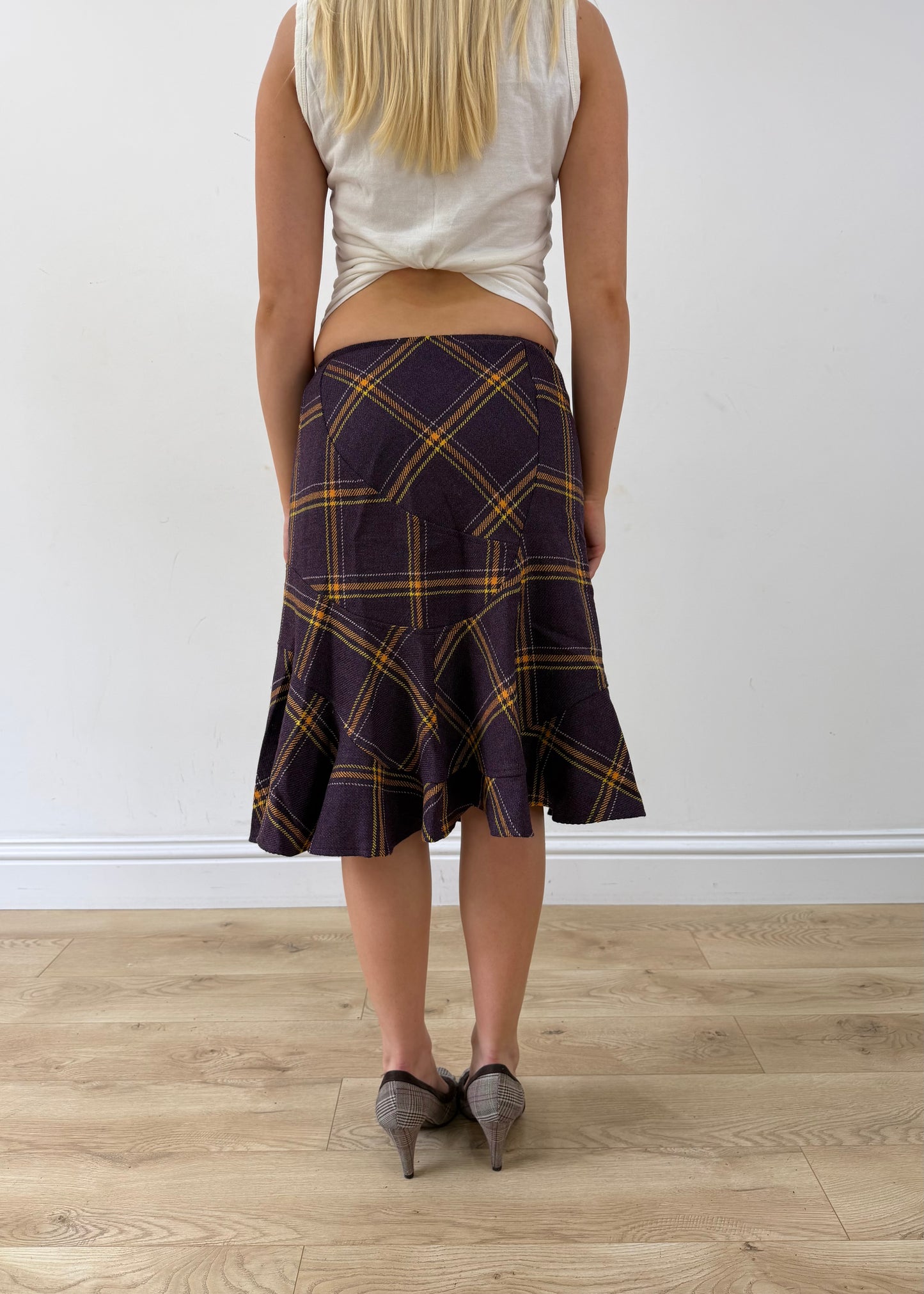 small purple plaid fluted midi skirt back