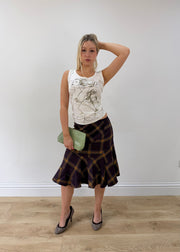 small purple plaid fluted midi skirt posed