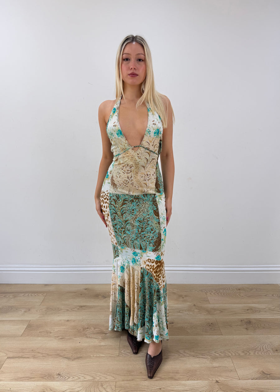 small green roberto cavalli maxi dress full body front