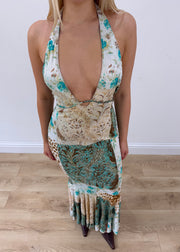 small green roberto cavalli maxi dress aesthetic headless