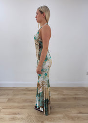 small green roberto cavalli maxi dress side