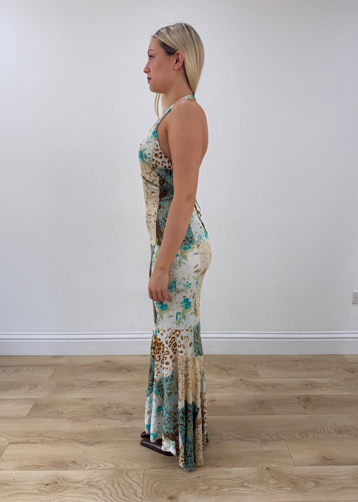 small green roberto cavalli maxi dress side