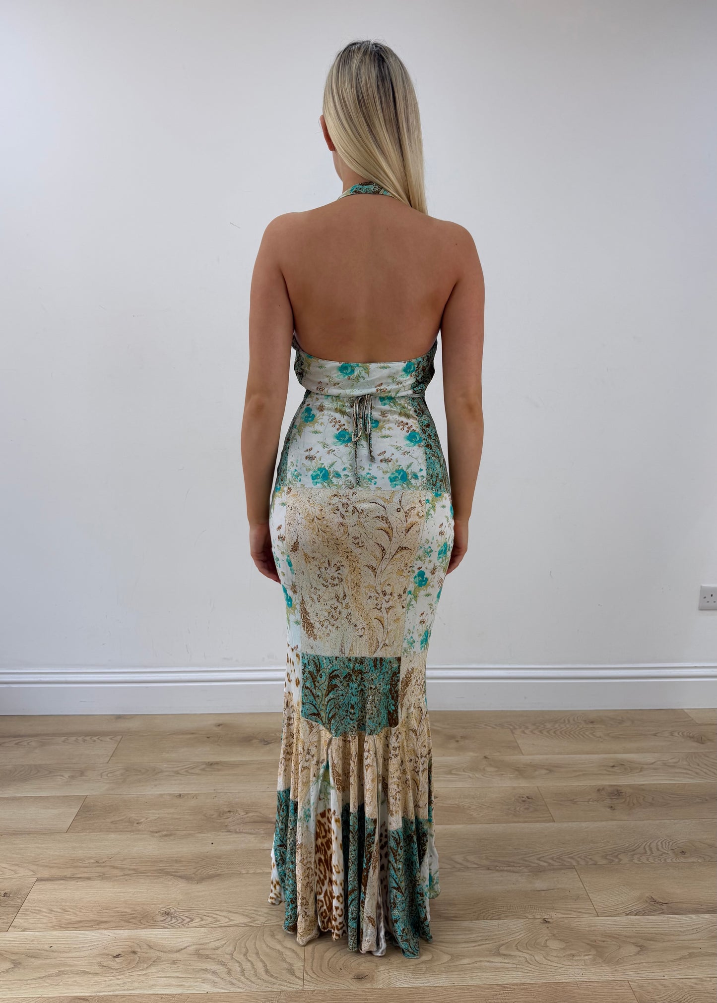 small green roberto cavalli maxi dress back