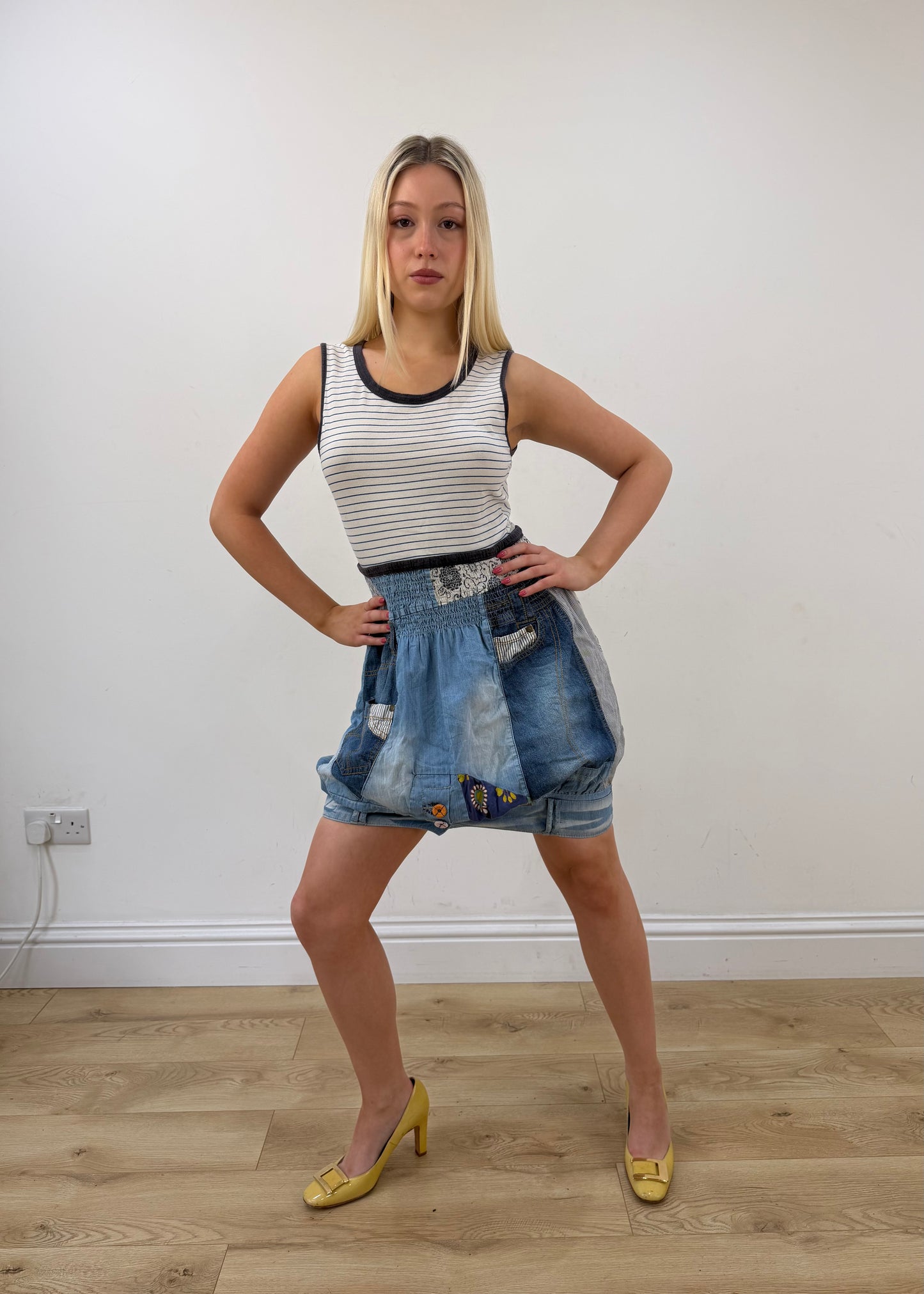 small blue desigual midi dress posed