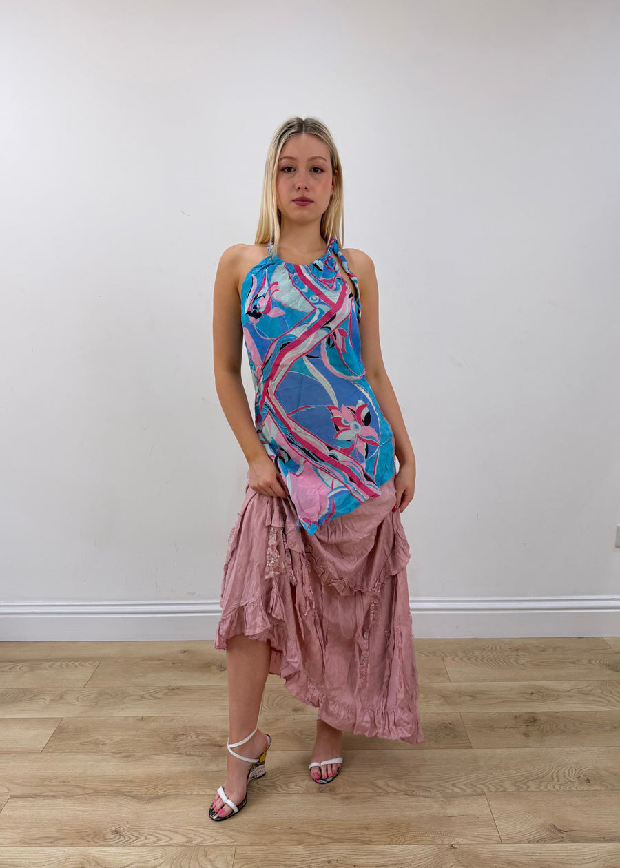 small blue halterneck style top full body front