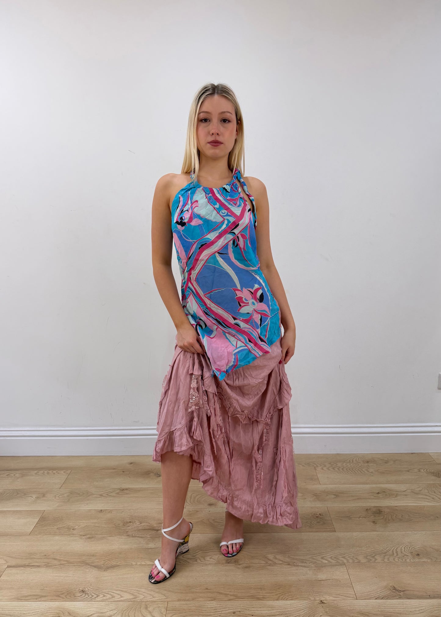 small blue halterneck style top full body front