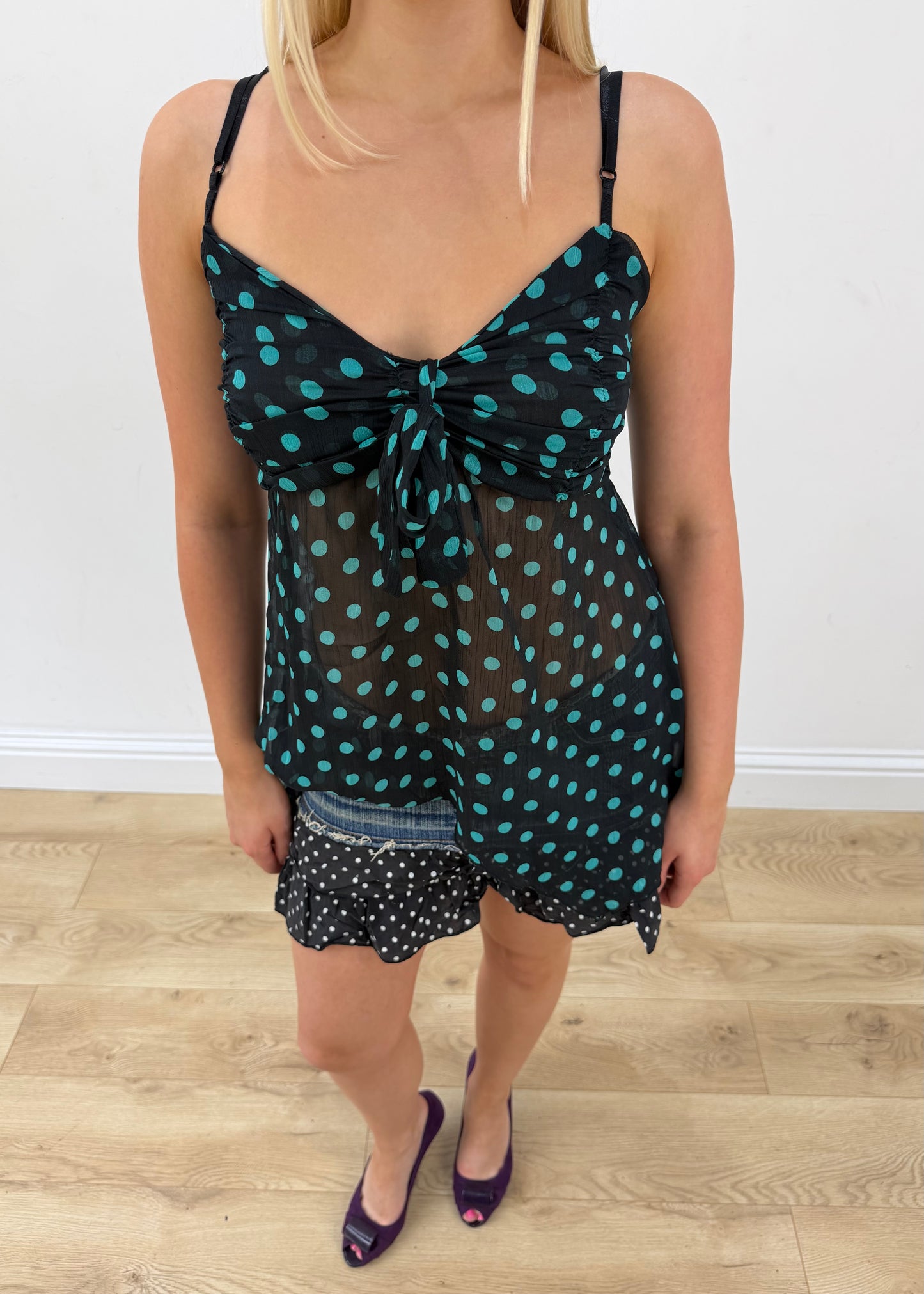 small blue polka dot cami top aesthetic headless