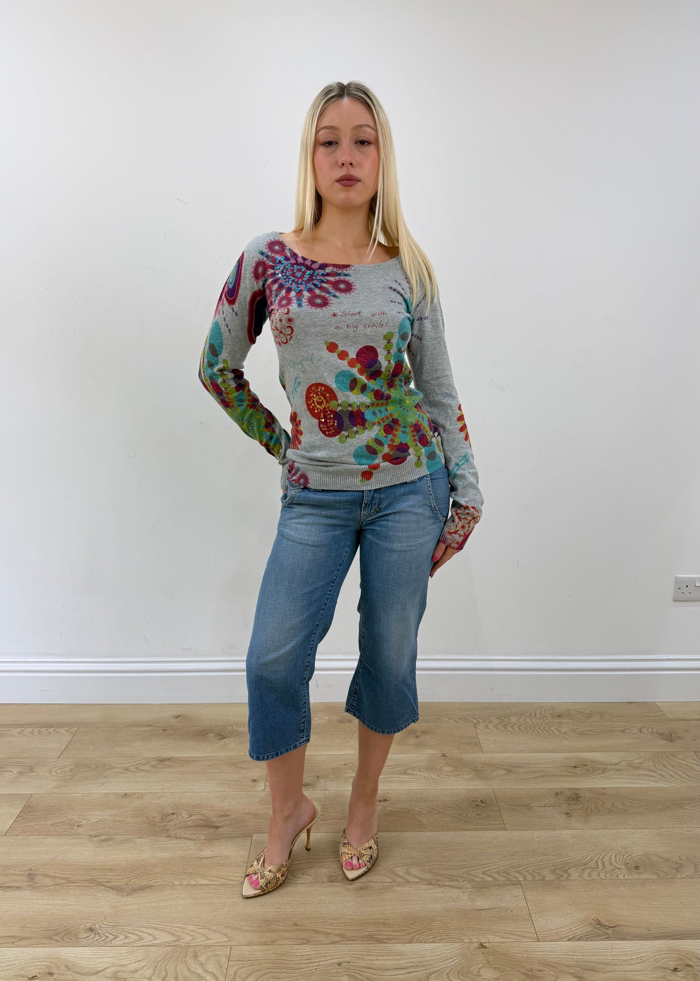 small grey desigual long sleeve jumper full body front
