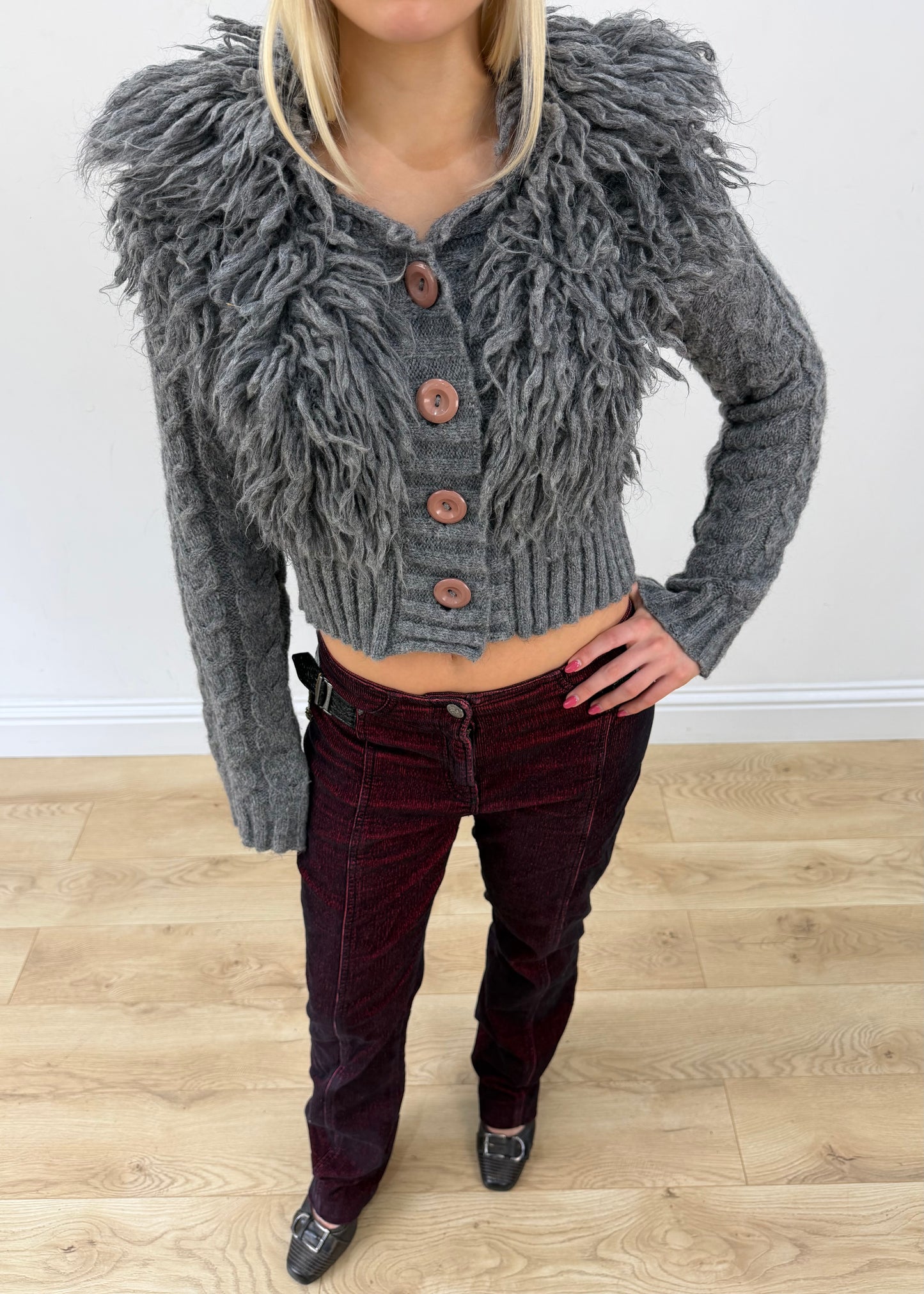 small grey faux fur cardigan top aesthetic headless