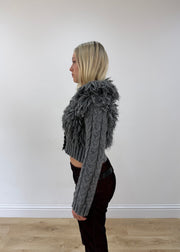 small grey faux fur cardigan top side
