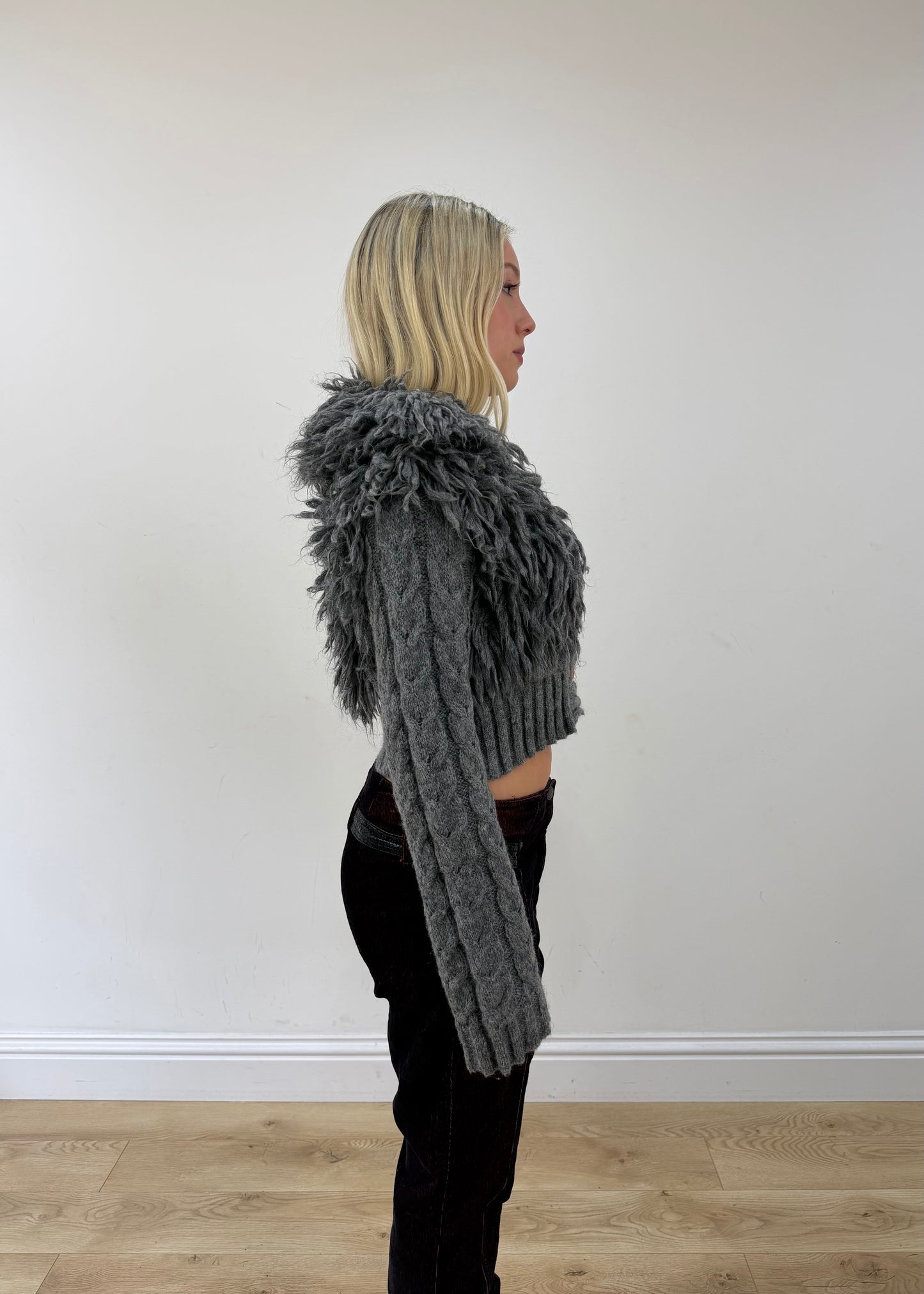 small grey faux fur cardigan top other side
