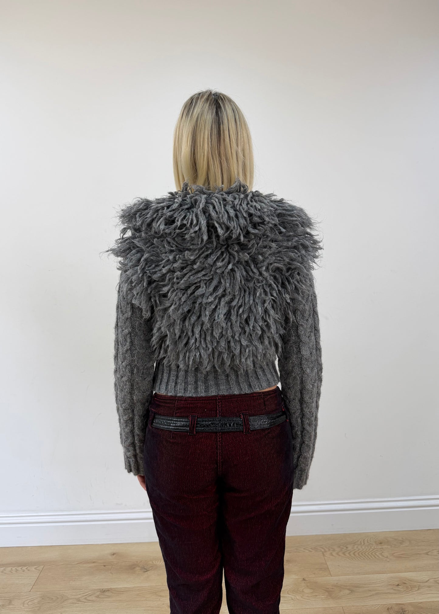 small grey faux fur cardigan top back