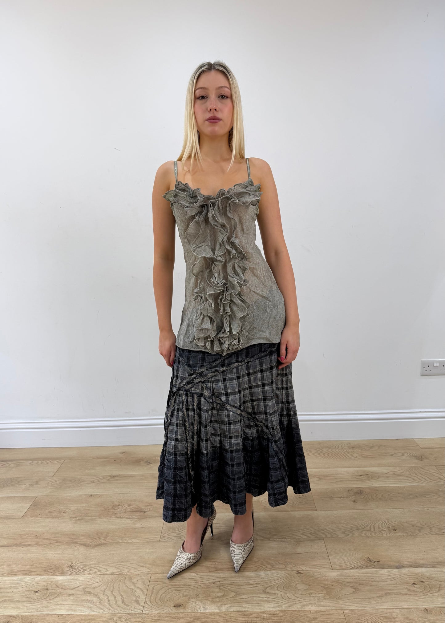 small grey/khaki ruffle cami top full body front