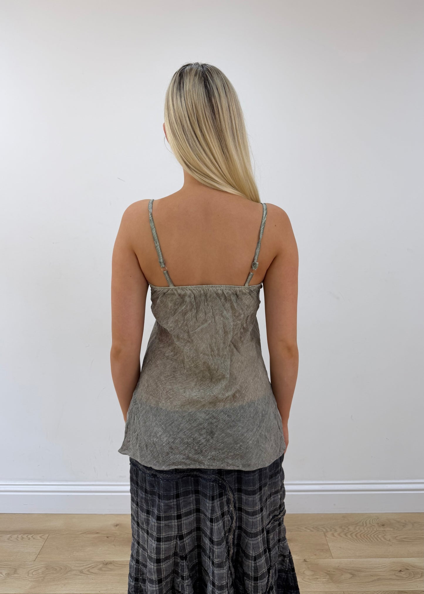 small grey/khaki ruffle cami top back