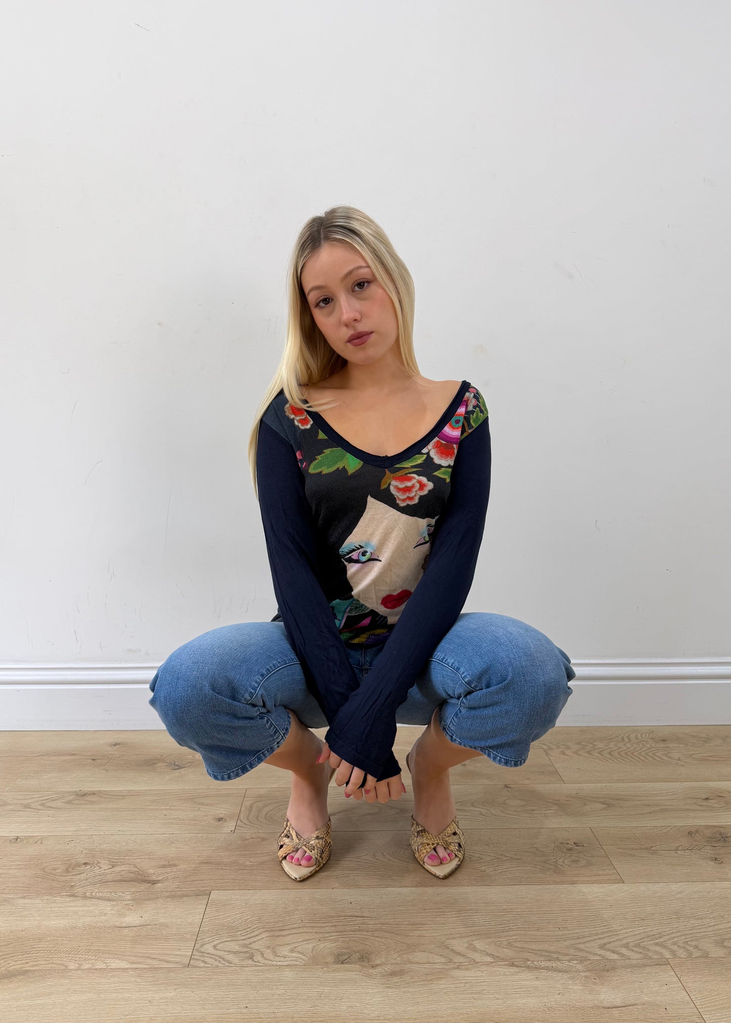 small navy desigual long sleeve jumper posed