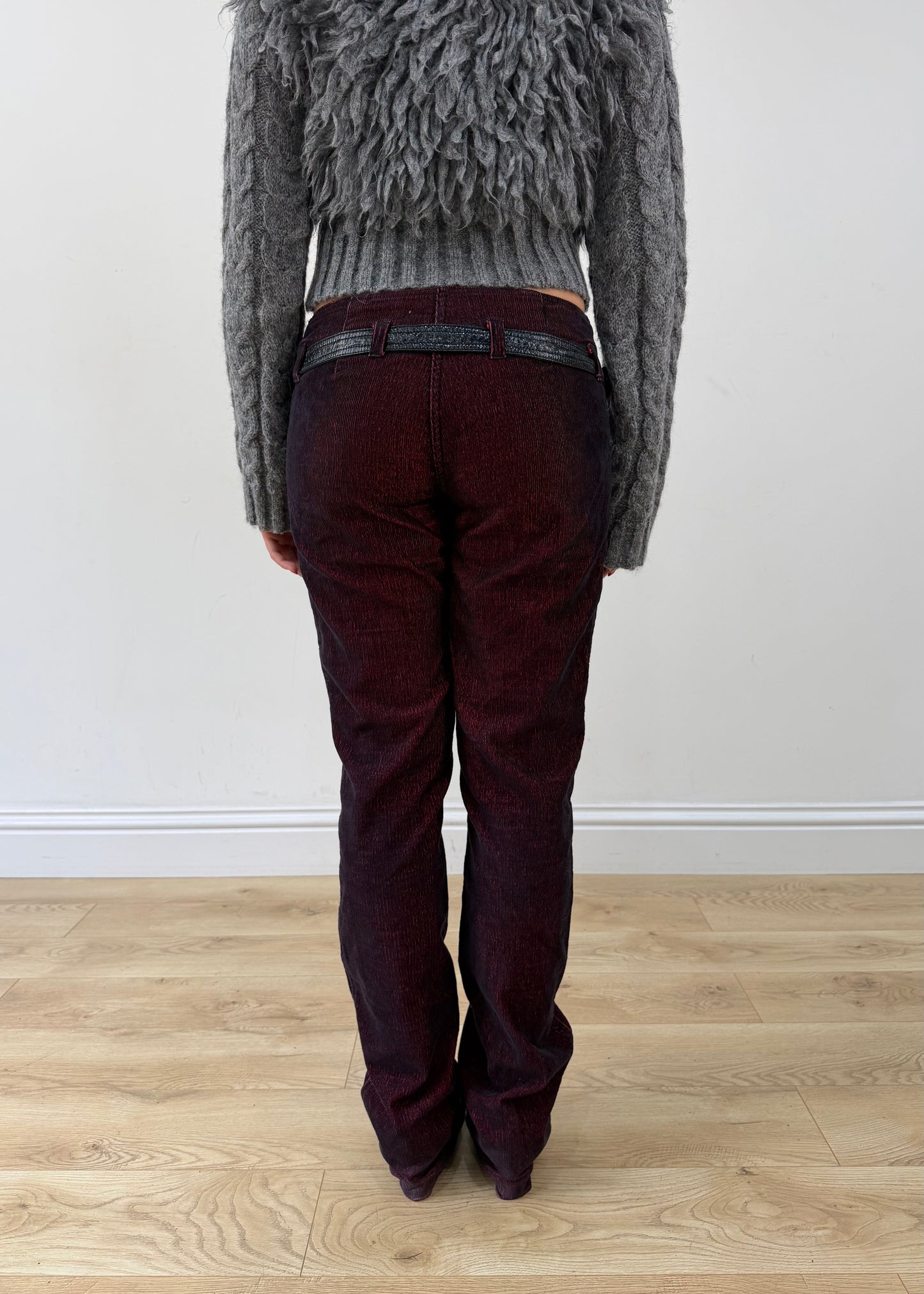 small red and black denim jeans back
