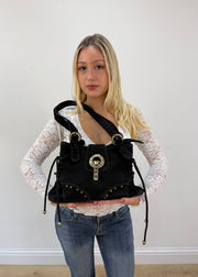 black suede ff logo bag with gold buckles and corset side detail 2