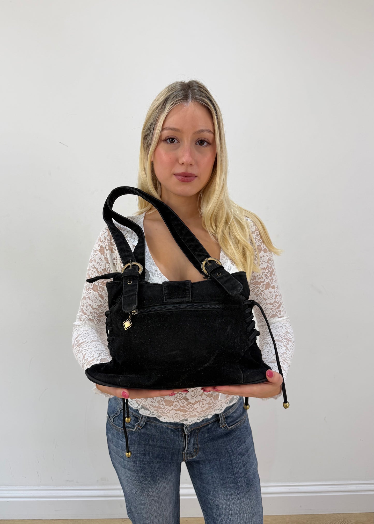 black suede ff logo bag with gold buckles and corset side detail 4