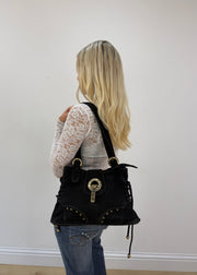 black suede ff logo bag with gold buckles and corset side detail 5