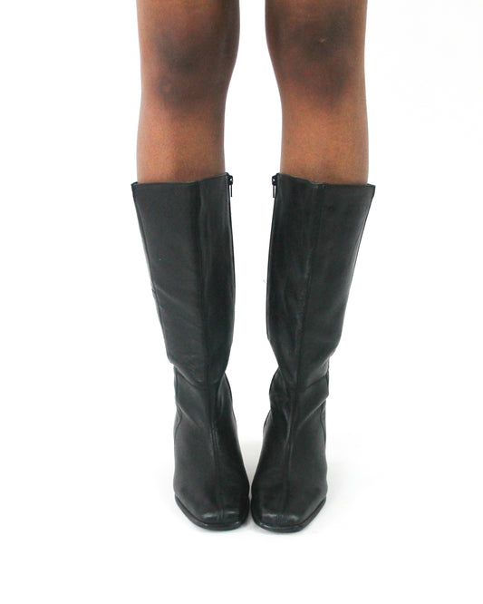 front view of black knee-high block-heel boots - 4:5 crop
