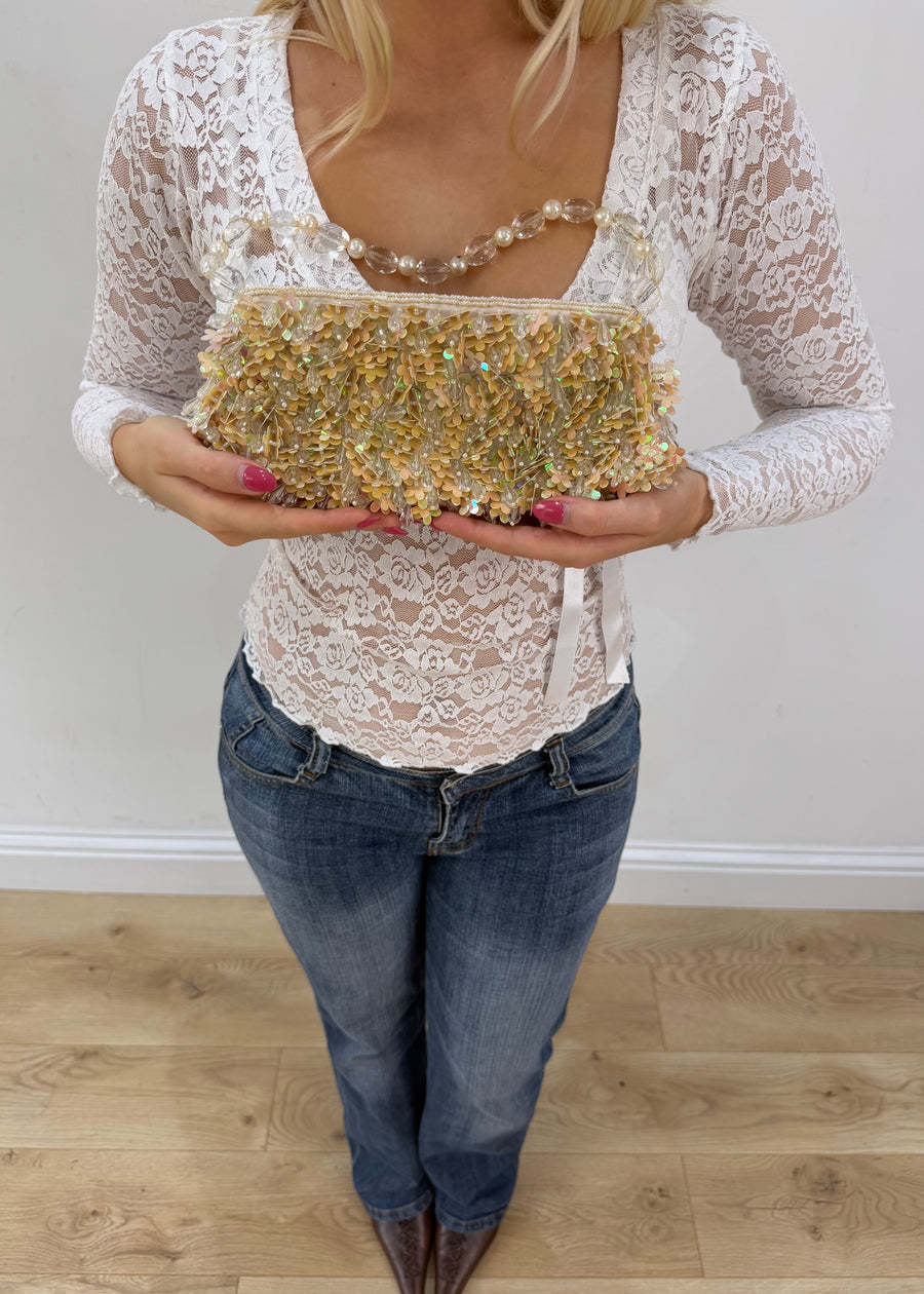 holographic pink and cream flower sequin and bead bag 3
