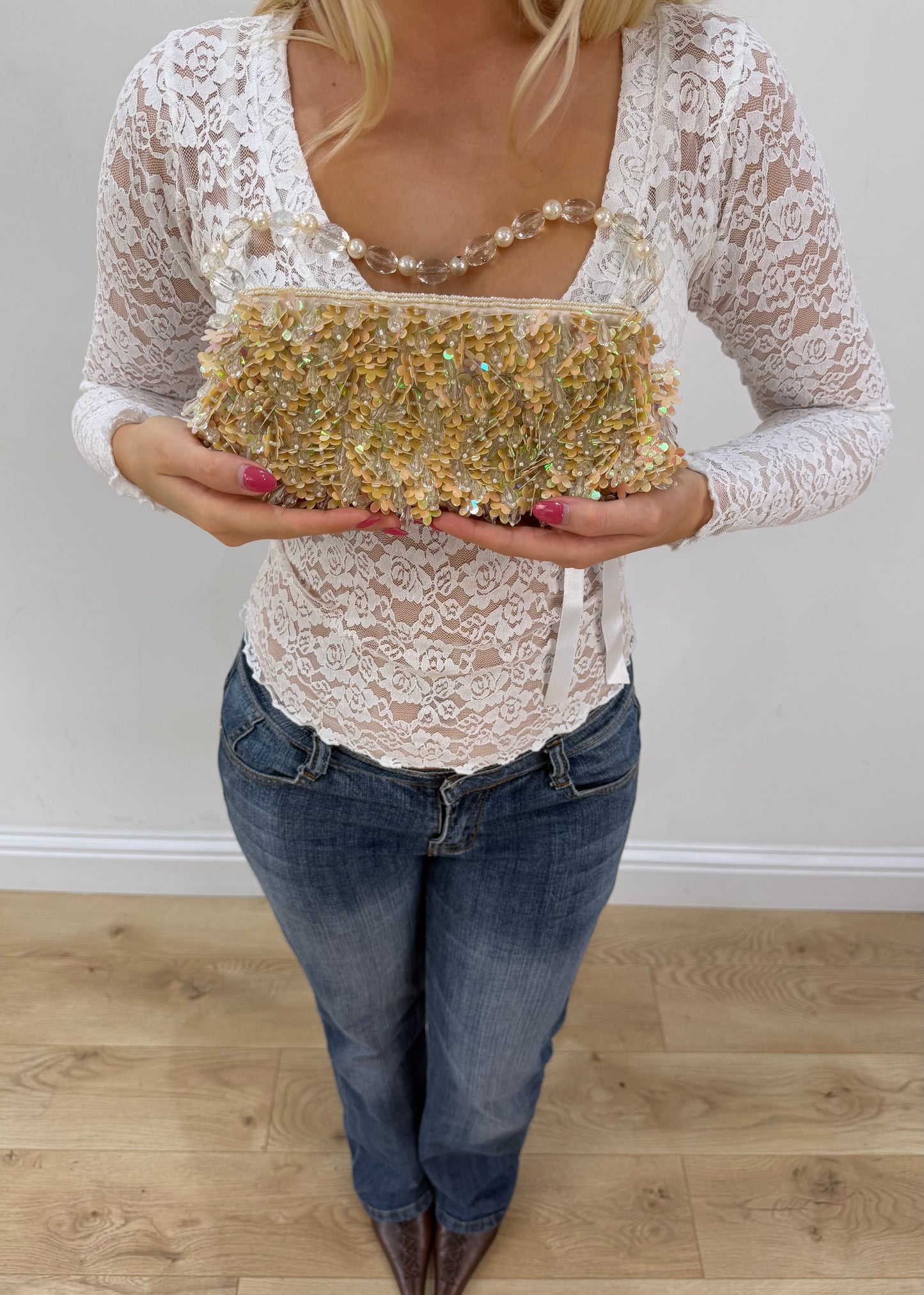 holographic pink and cream flower sequin and bead bag 3