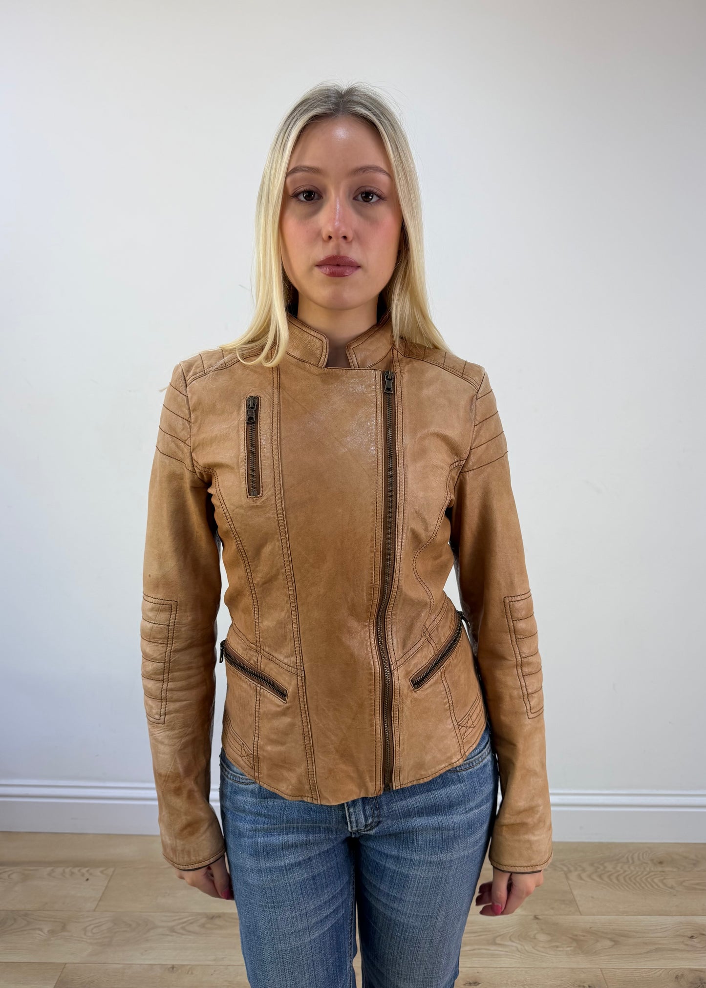 small tan mango leather biker jacket photo 2