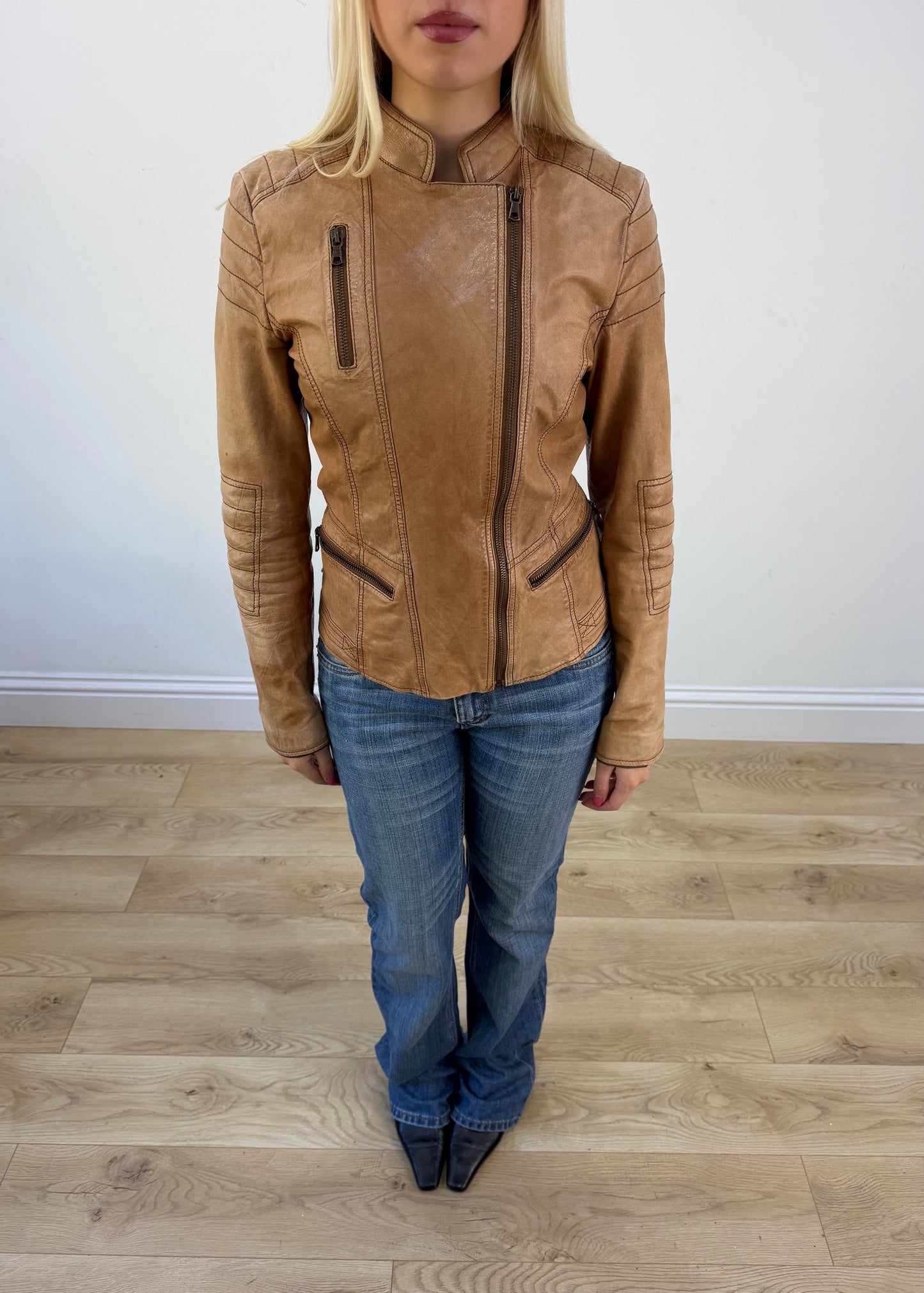 small tan mango leather biker jacket photo 3