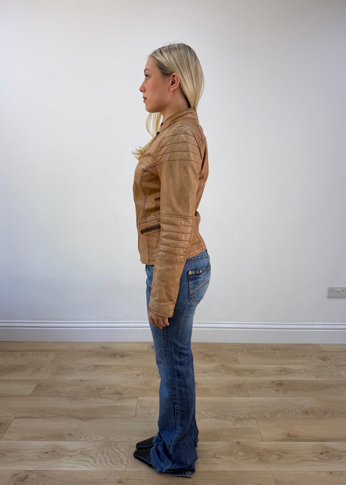 small tan mango leather biker jacket photo 4