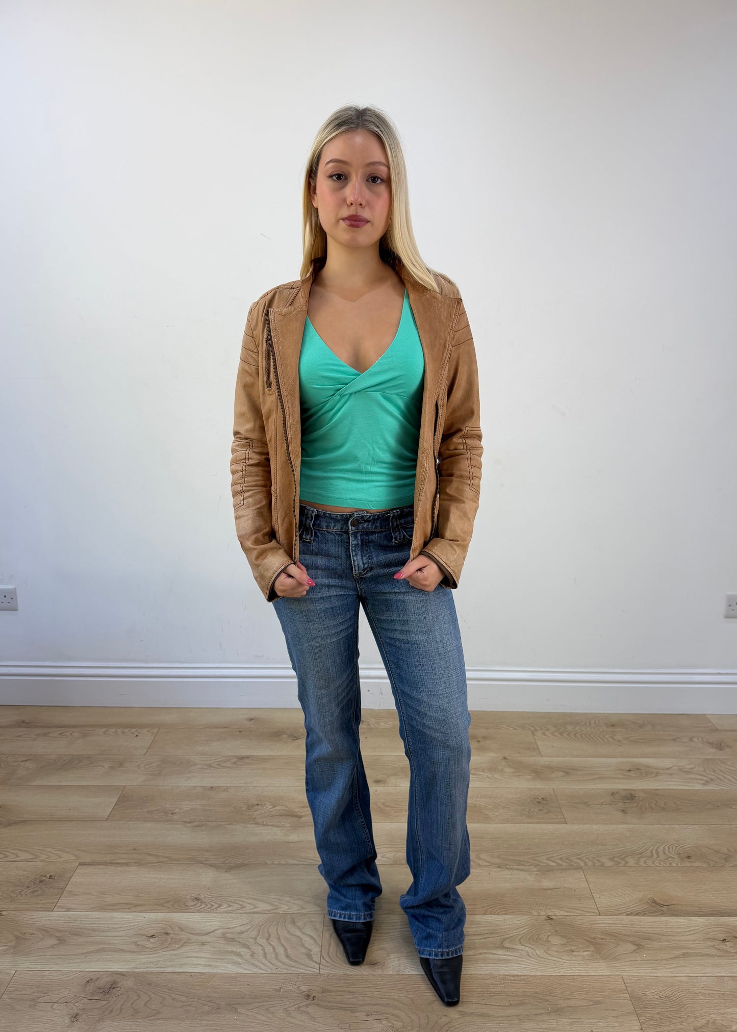 small tan mango leather biker jacket photo 7