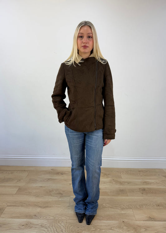 small brown faux suede sherpa jacket photo 1