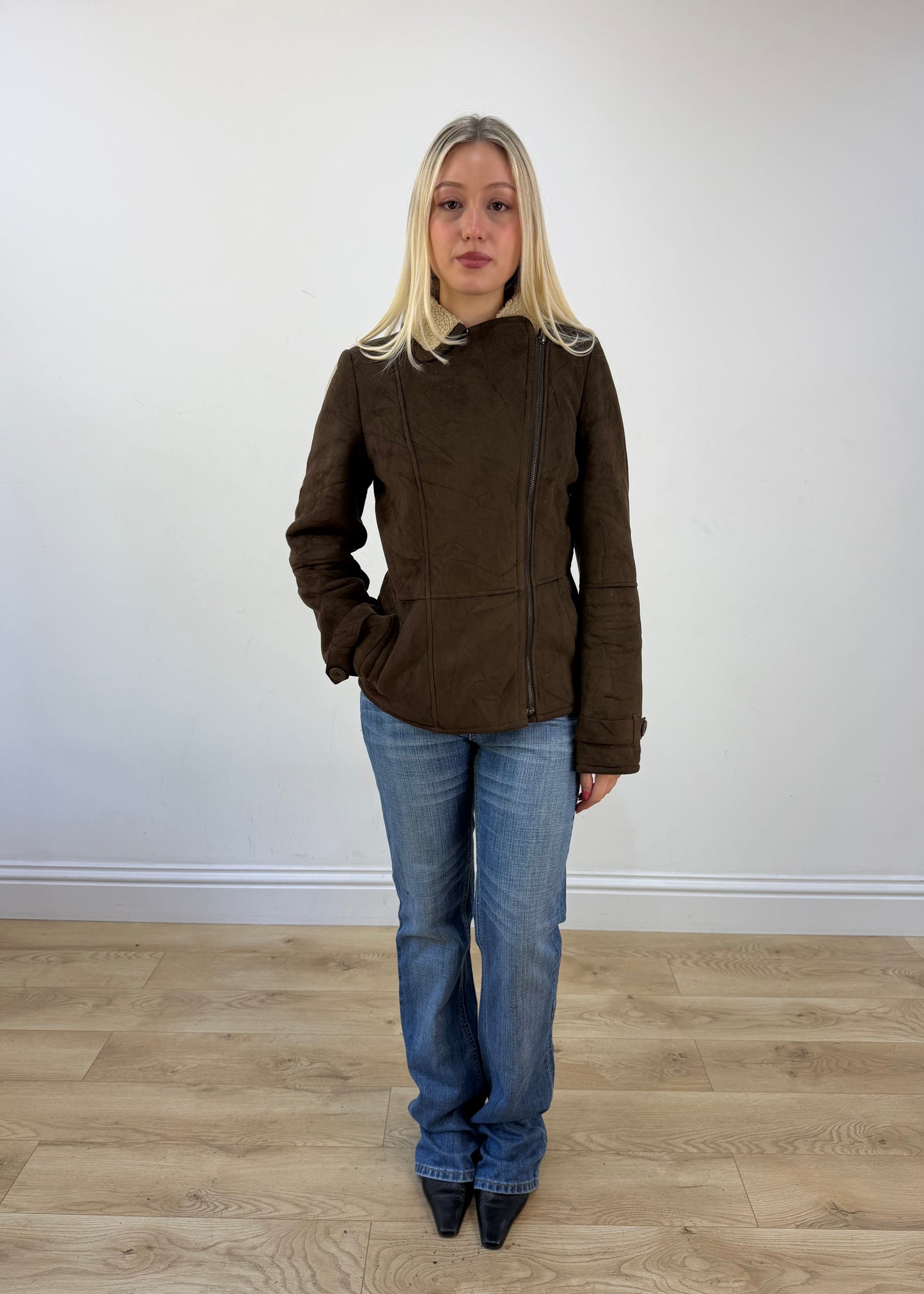small brown faux suede sherpa jacket photo 1