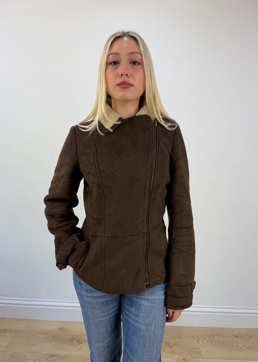 small brown faux suede sherpa jacket photo 2