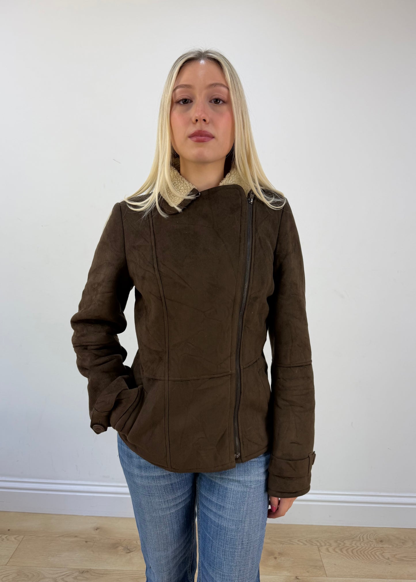 small brown faux suede sherpa jacket photo 2