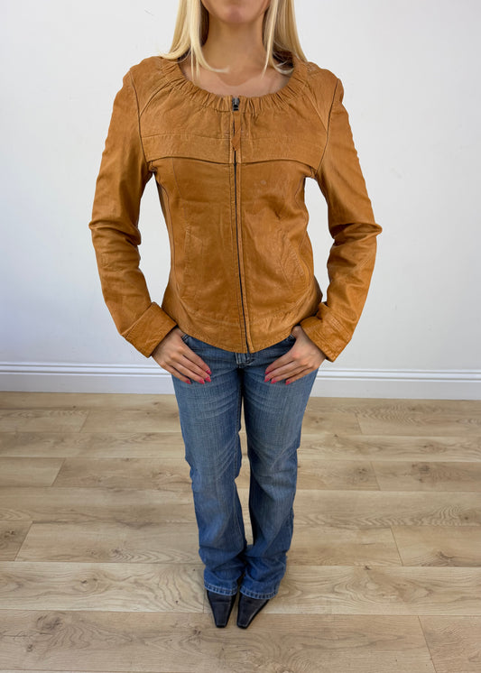 small tan leather zip jacket photo 3