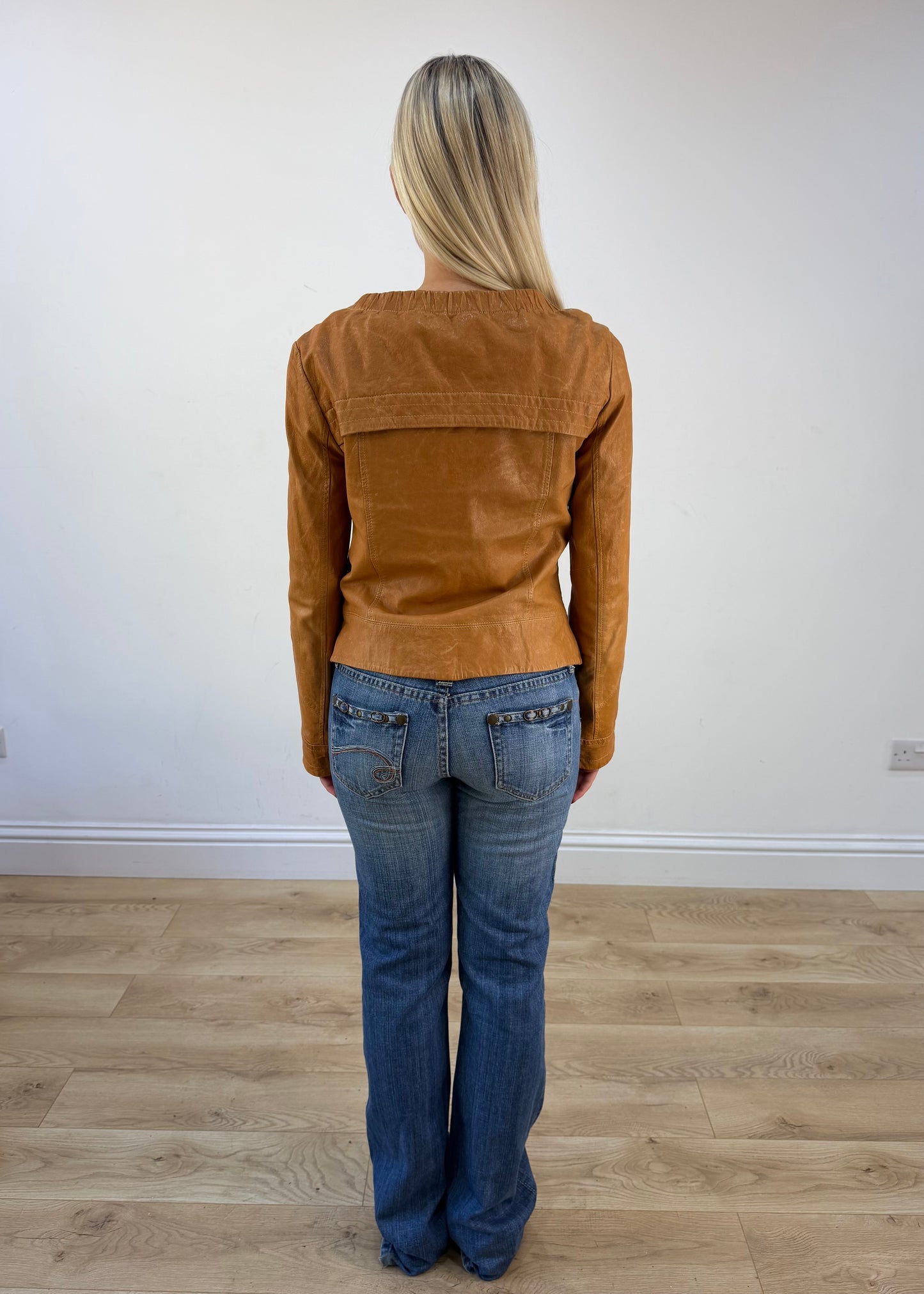 small tan leather zip jacket photo 5