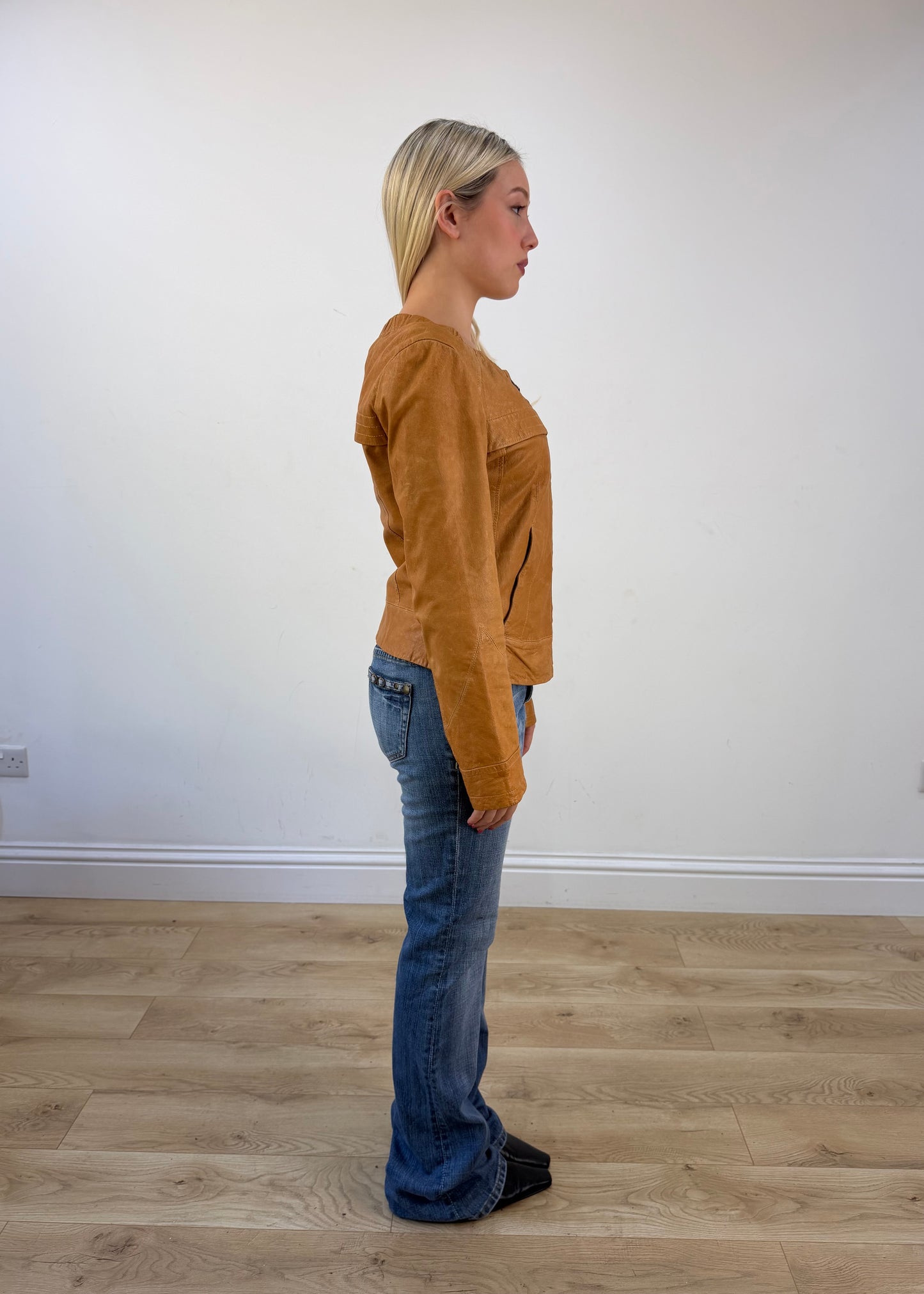 small tan leather zip jacket photo 6
