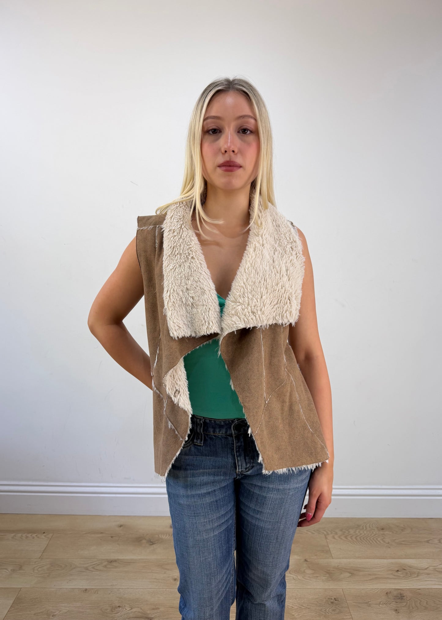 small brown suede fleece gilet photo 2