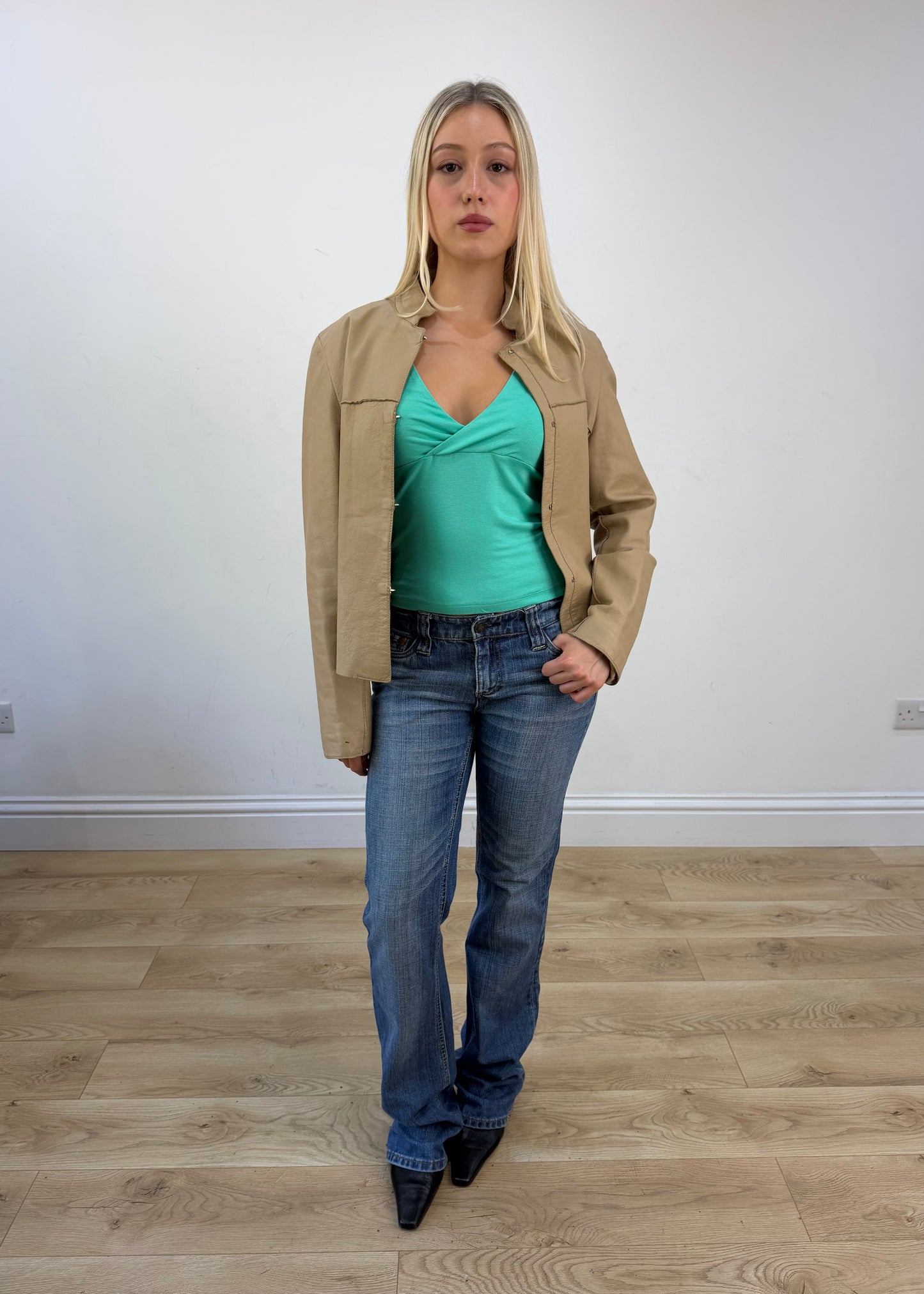 small beige leather zip jacket photo 1