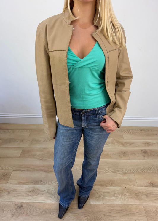 small beige leather zip jacket photo 3